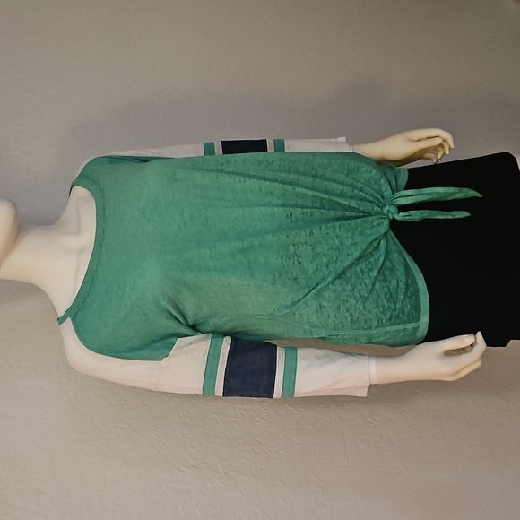 3/$30 SO Green and White Striped Sleeve Relaxed Baseball Tie Waist Burnout Shirt - Picture 2 of 8